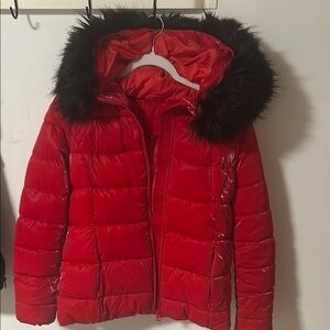 Victoria's Secret Red Puffer Jacket with Black Fur Trim